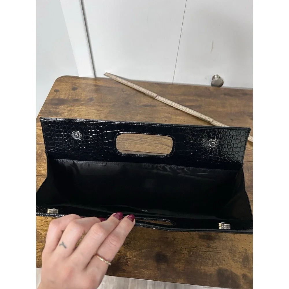 Vintage Giannini Patent BlackCroc Embossed Envelope Clutch Purse Minimalist Chic